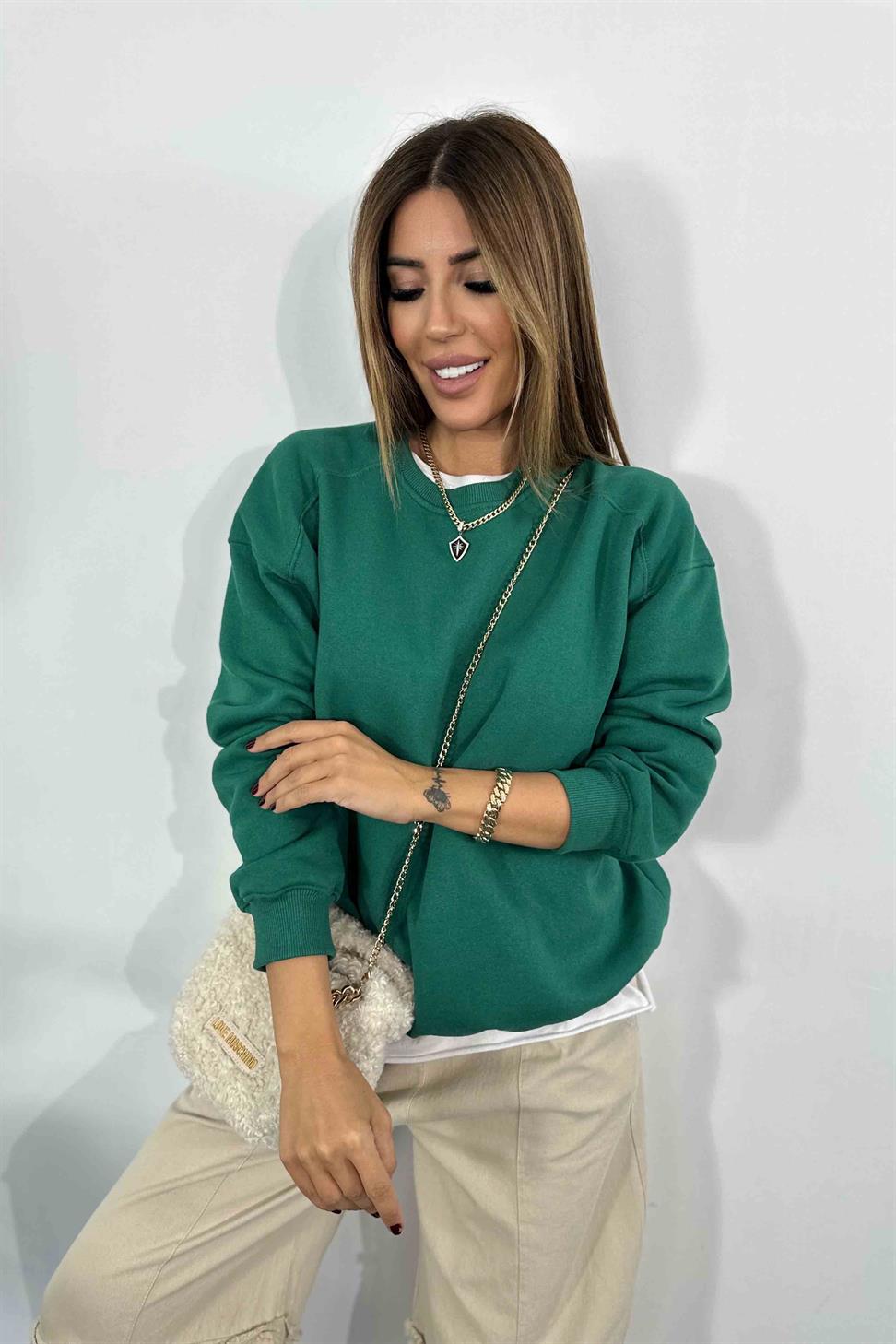Pamuklu Kumaş İçi Şardonlu Oversize Sweatshirt Zümrüt