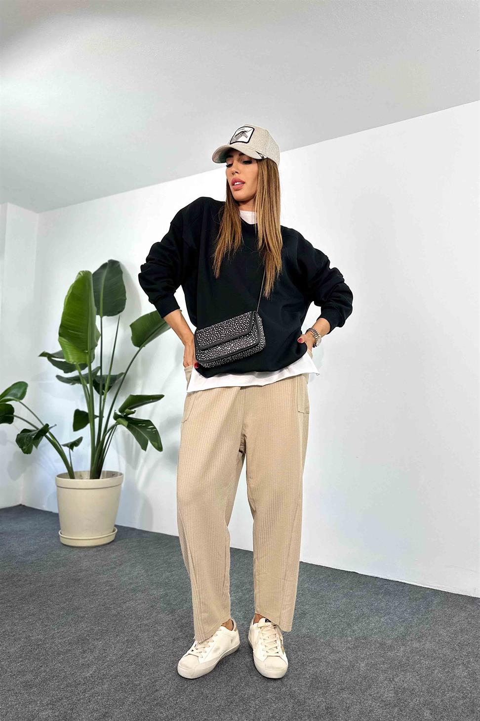 Pamuklu Kumaş İçi Şardonlu Oversize Sweatshirt Siyah