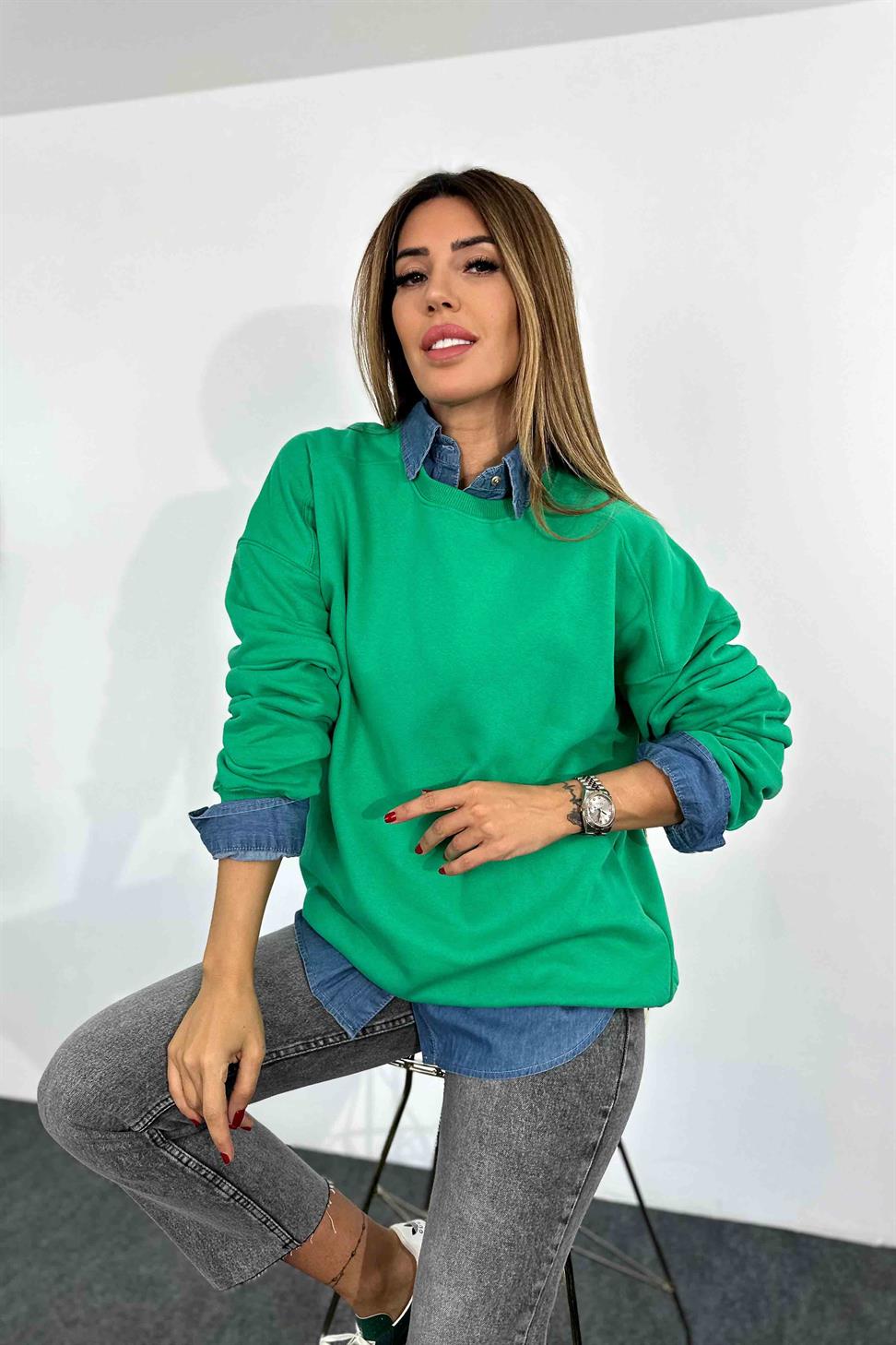 Pamuklu Kumaş İçi Şardonlu Oversize Sweatshirt Yeşil