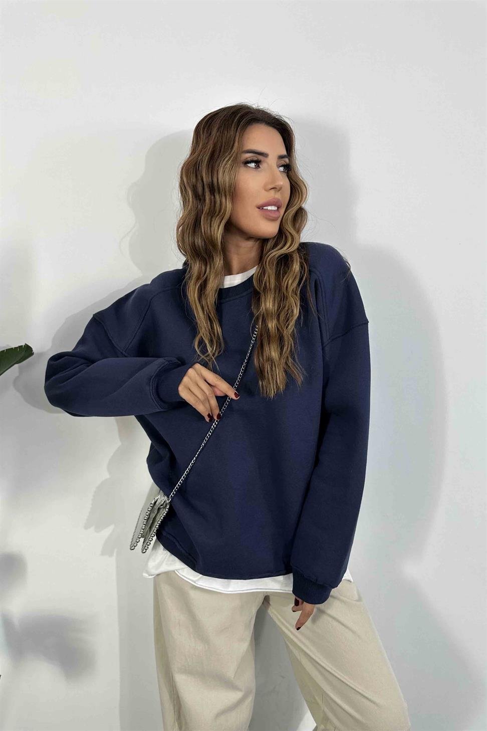 Pamuklu Kumaş İçi Şardonlu Oversize Sweatshirt Lacivert