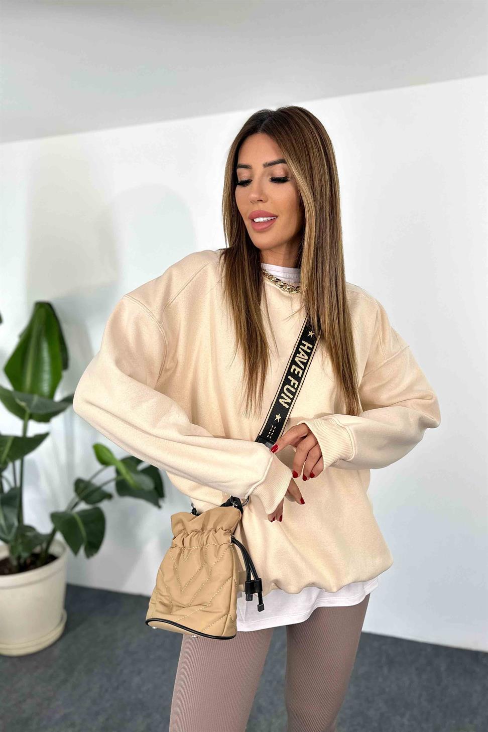 Pamuklu Kumaş İçi Şardonlu Oversize Sweatshirt Krem