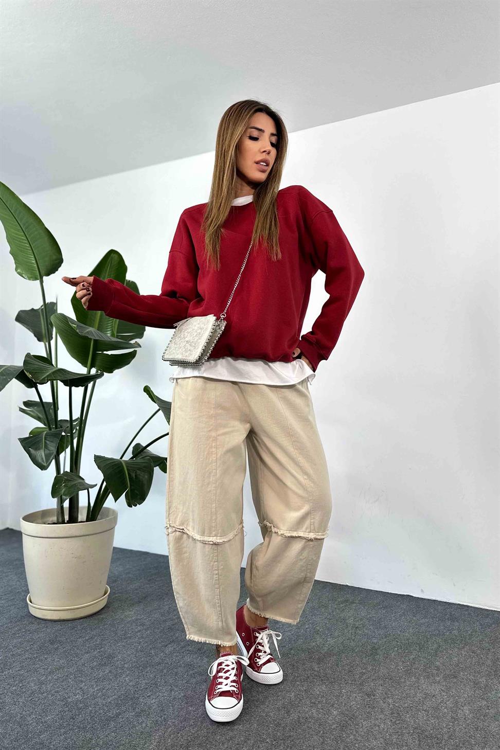 Pamuklu Kumaş İçi Şardonlu Oversize Sweatshirt Bordo