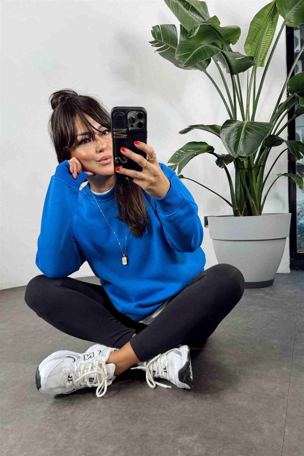 Pamuklu Kumaş İçi Şardonlu Oversize Sweatshirt Mavi