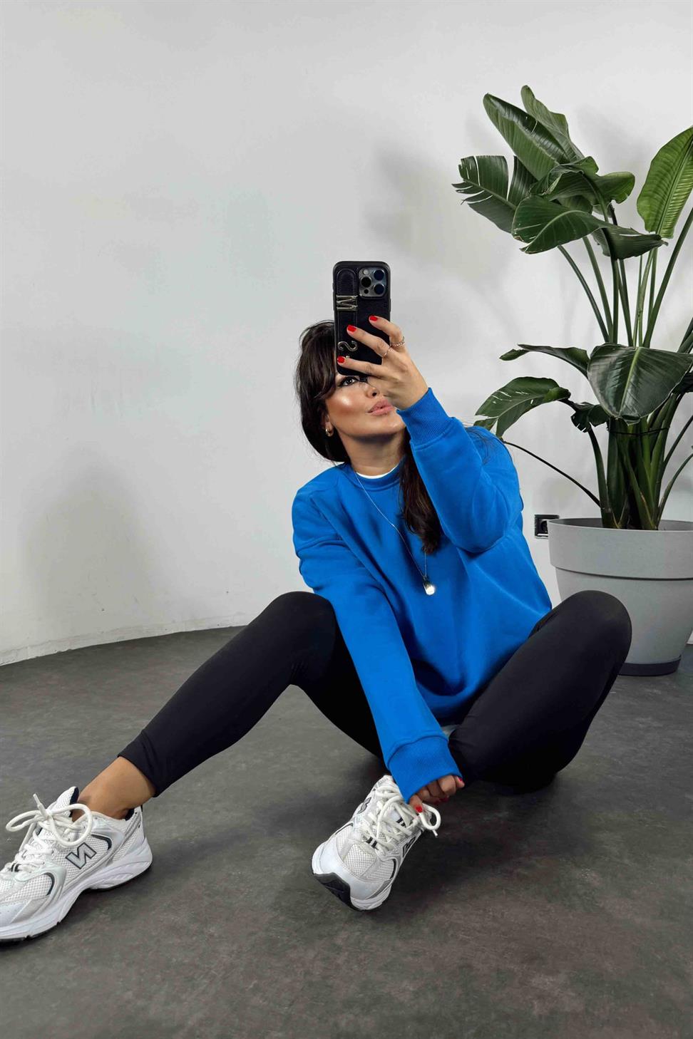 Pamuklu Kumaş İçi Şardonlu Oversize Sweatshirt Mavi