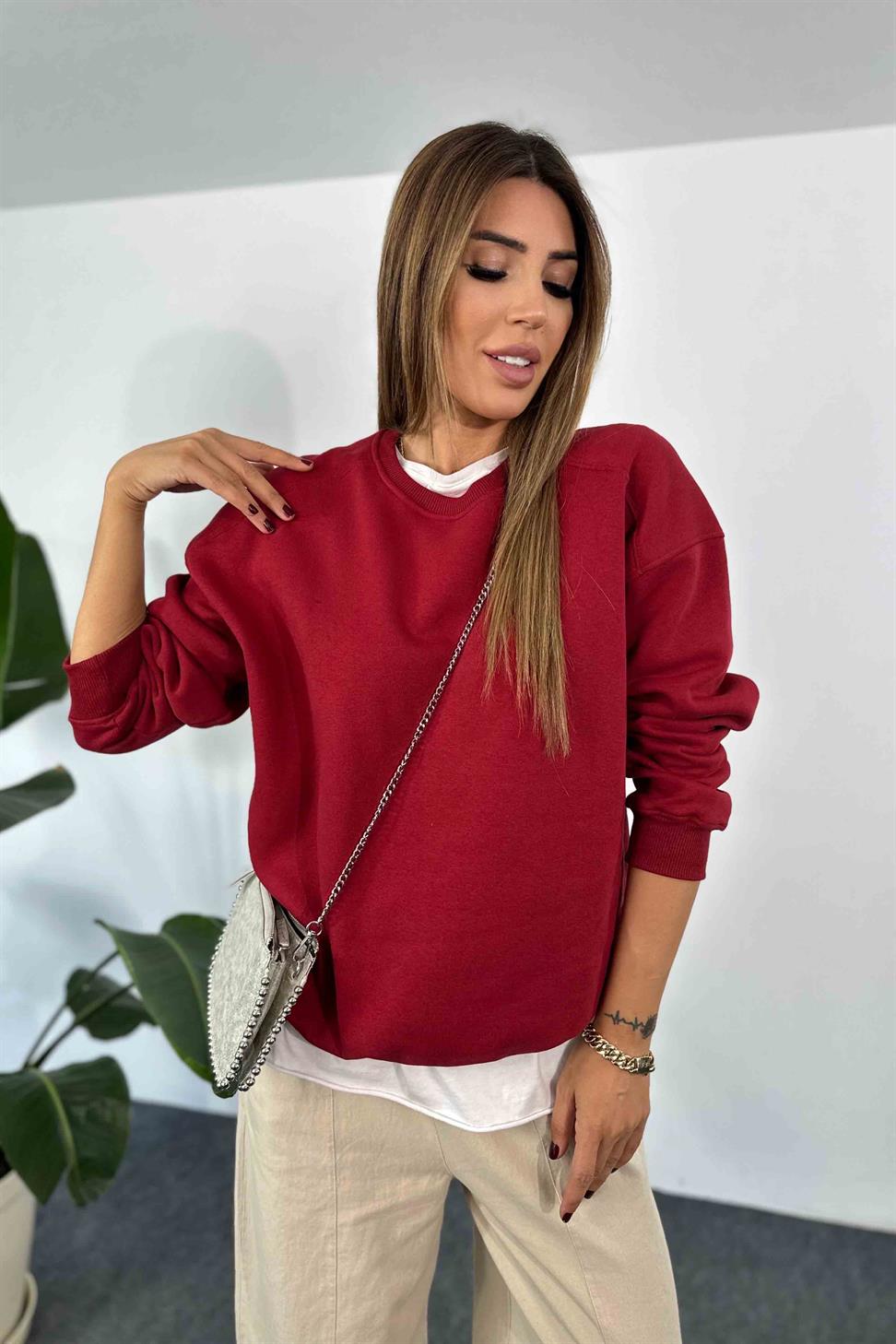 Pamuklu Kumaş İçi Şardonlu Oversize Sweatshirt Bordo