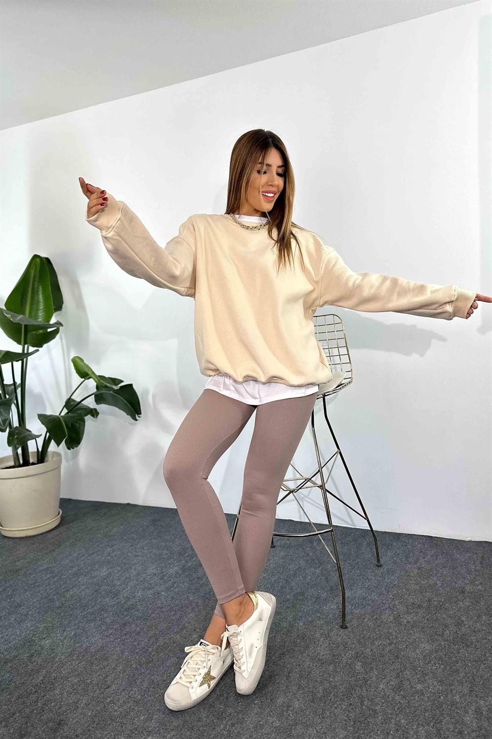 Pamuklu Kumaş İçi Şardonlu Oversize Sweatshirt Krem
