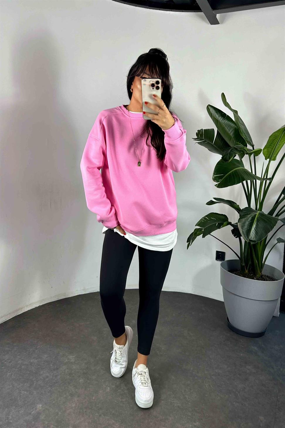 Pamuklu Kumaş İçi Şardonlu Oversize Sweatshirt Pembe