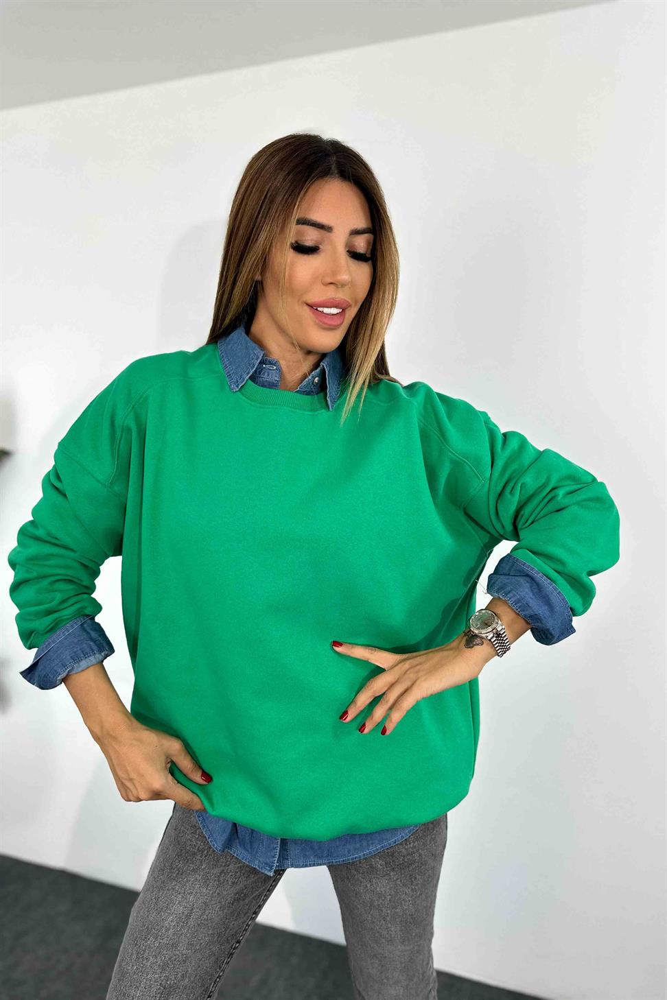 Pamuklu Kumaş İçi Şardonlu Oversize Sweatshirt Yeşil