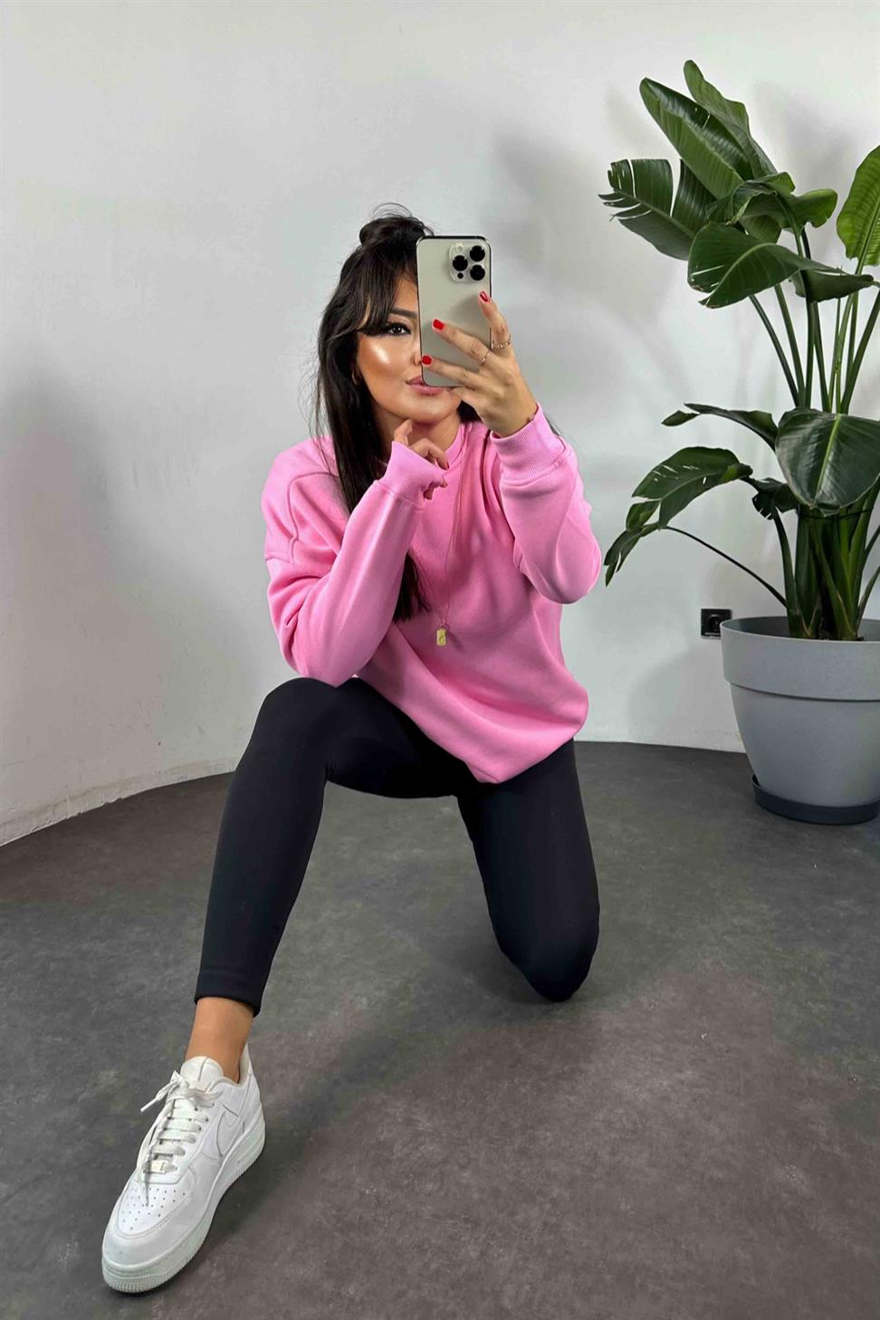 Pamuklu Kumaş İçi Şardonlu Oversize Sweatshirt Pembe