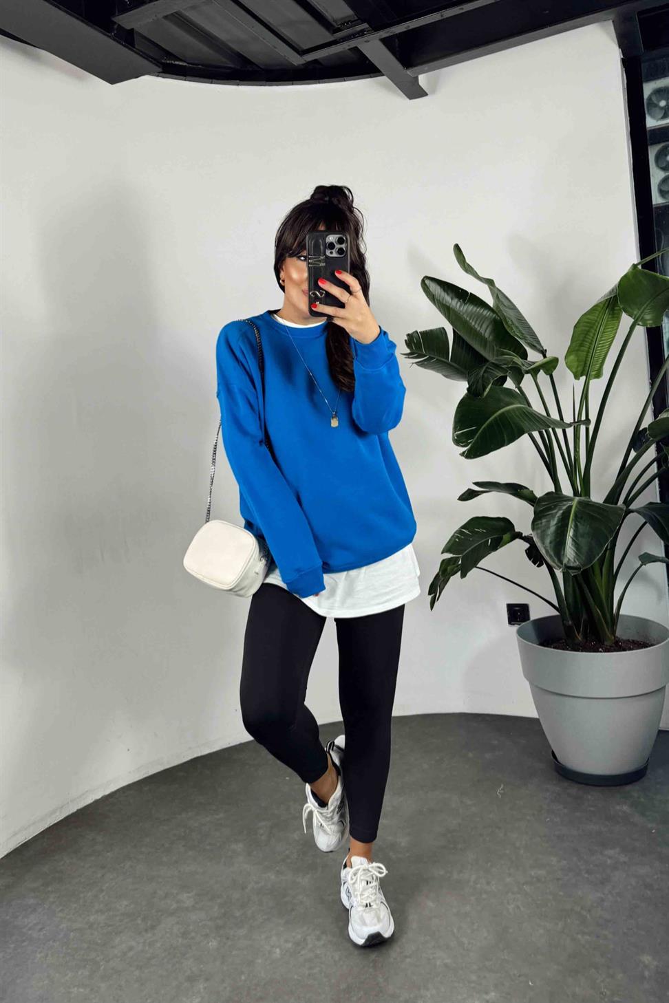Pamuklu Kumaş İçi Şardonlu Oversize Sweatshirt Mavi