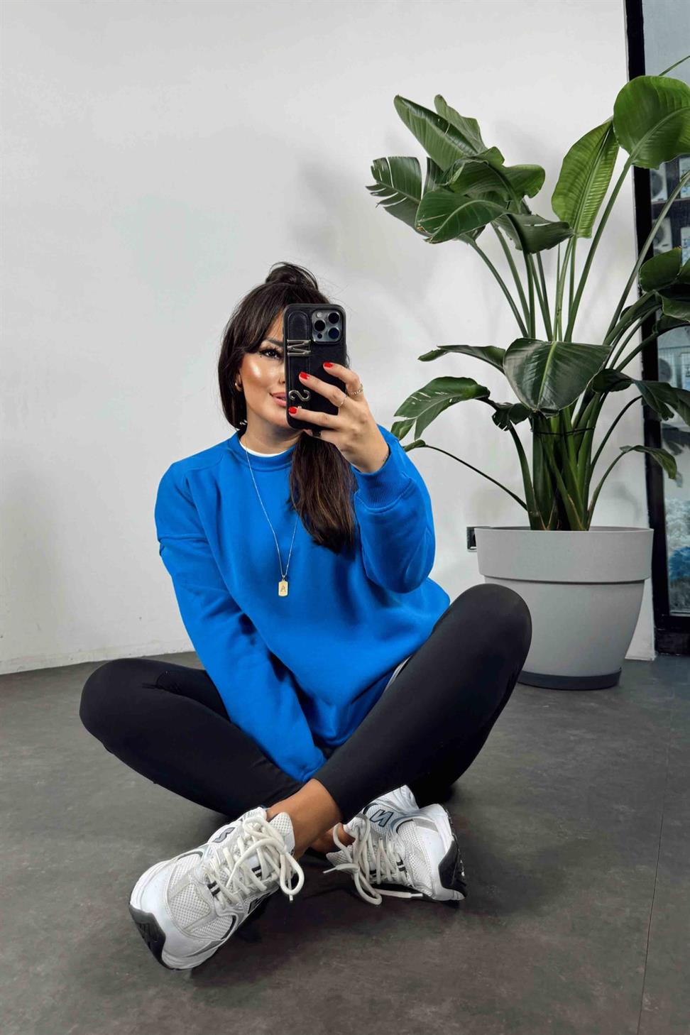 Pamuklu Kumaş İçi Şardonlu Oversize Sweatshirt Mavi