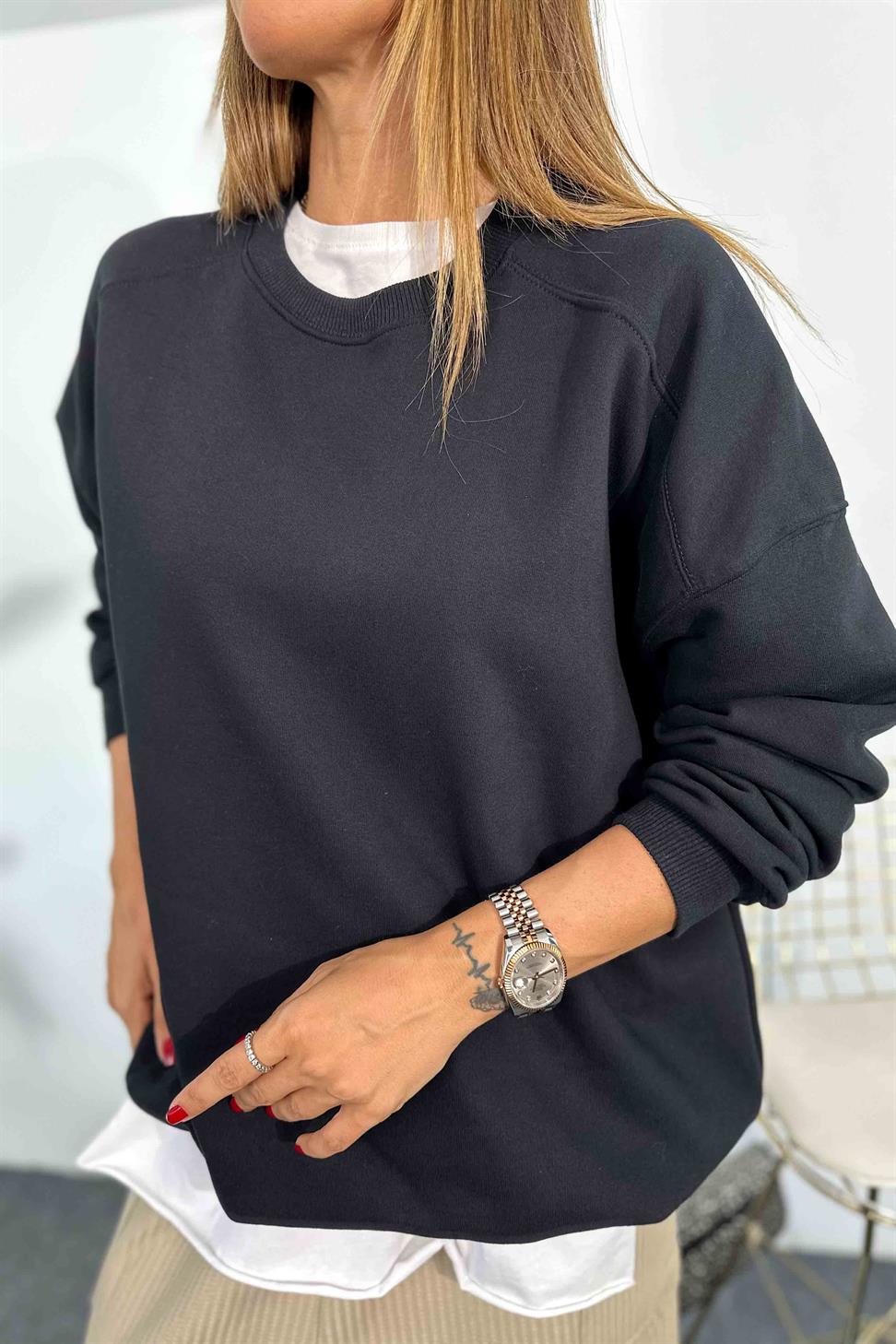 Pamuklu Kumaş İçi Şardonlu Oversize Sweatshirt Siyah