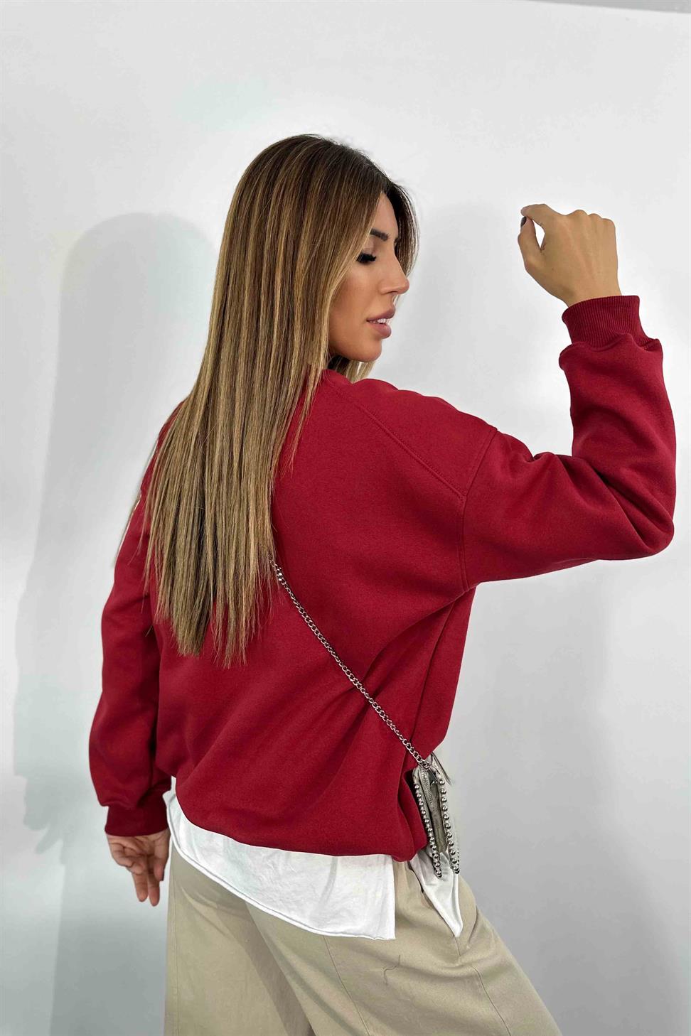 Pamuklu Kumaş İçi Şardonlu Oversize Sweatshirt Bordo