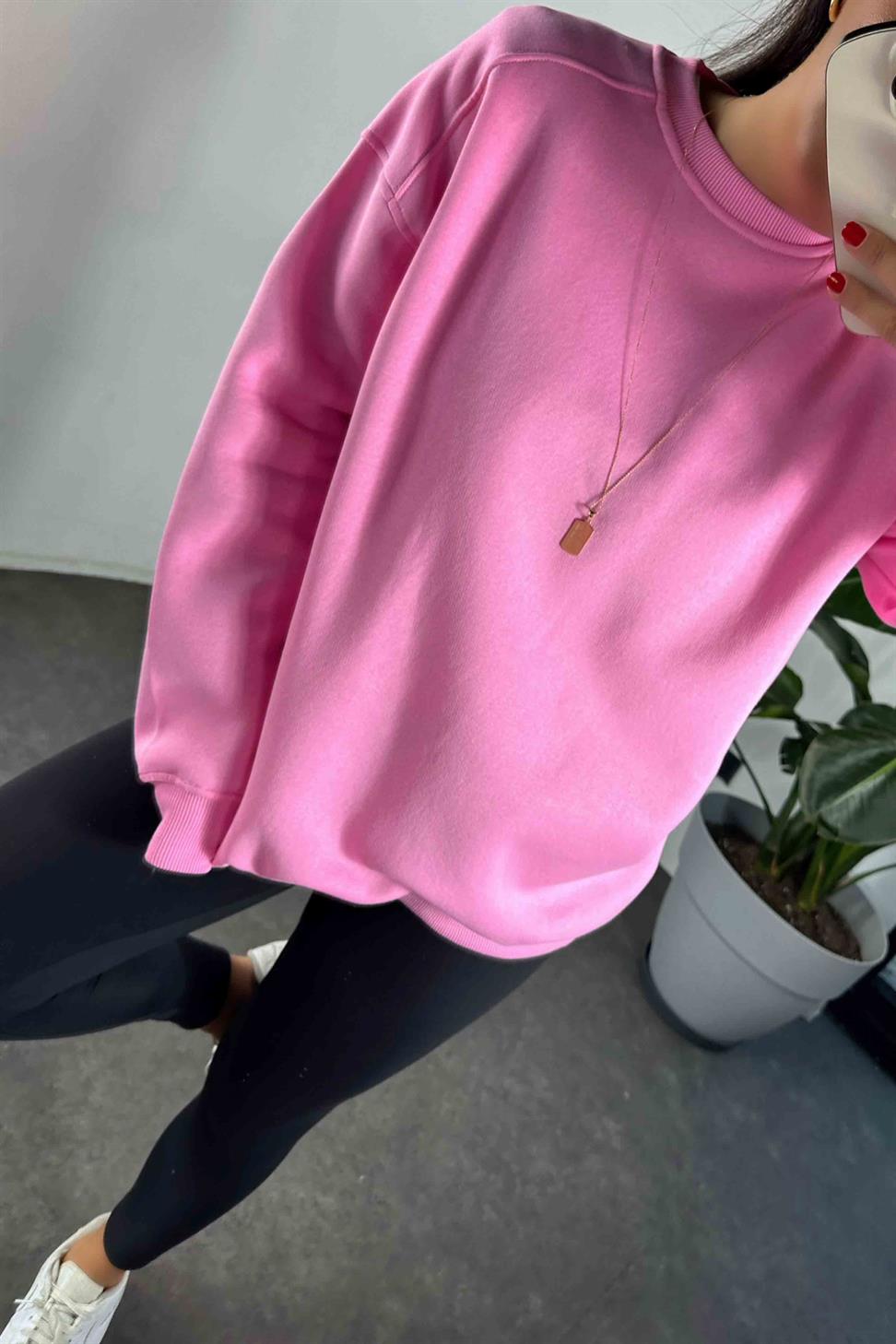 Pamuklu Kumaş İçi Şardonlu Oversize Sweatshirt Pembe