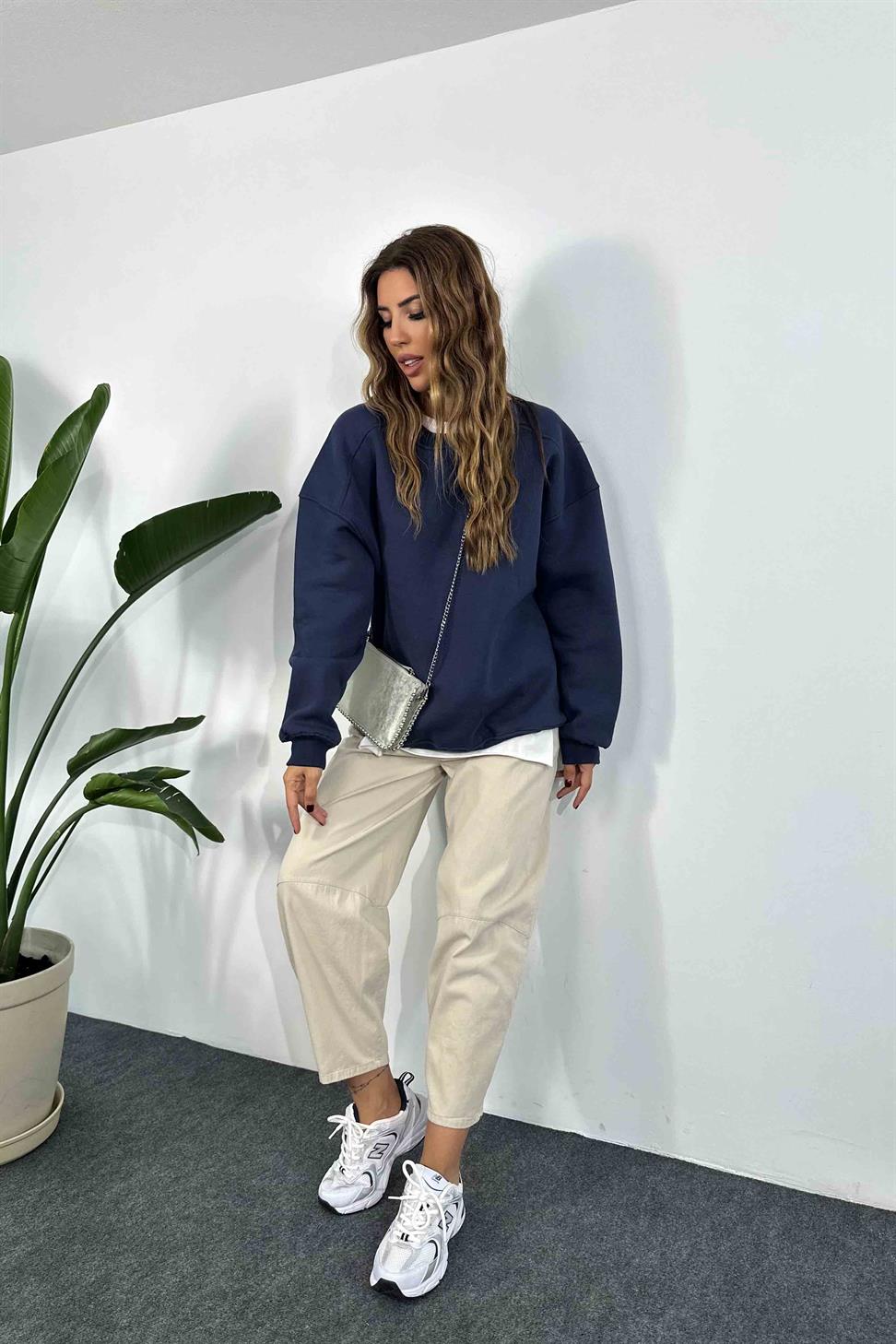 Pamuklu Kumaş İçi Şardonlu Oversize Sweatshirt Lacivert