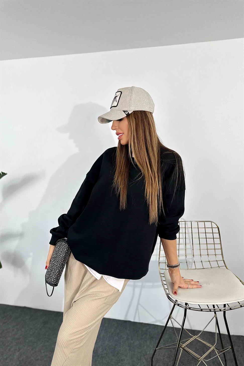 Pamuklu Kumaş İçi Şardonlu Oversize Sweatshirt Siyah