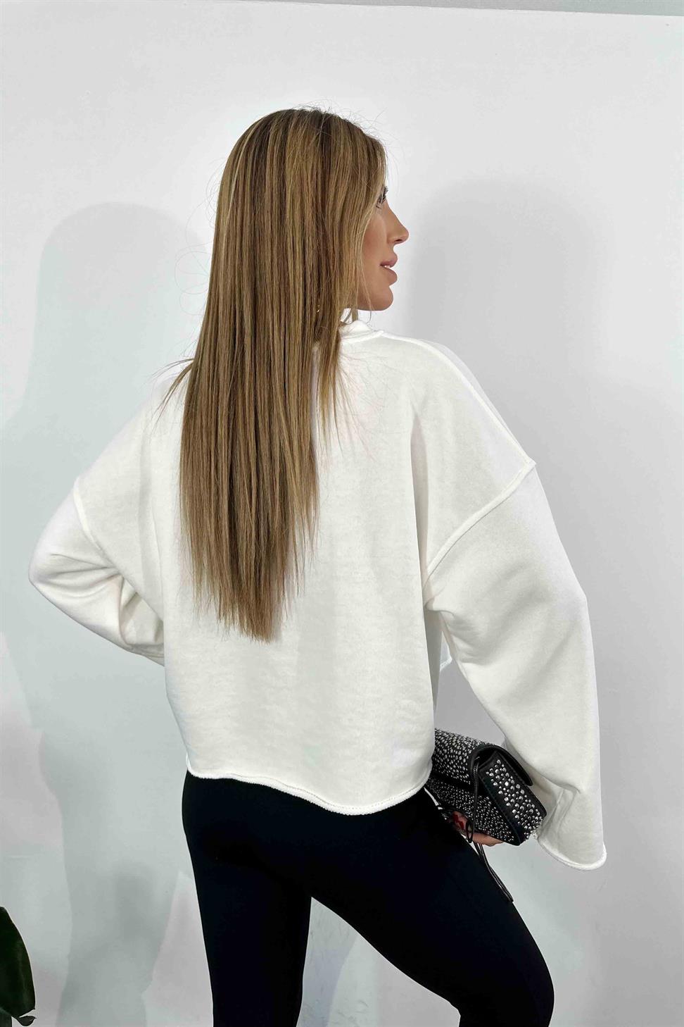 Lazer Kesim Crop Sweatshirt Beyaz