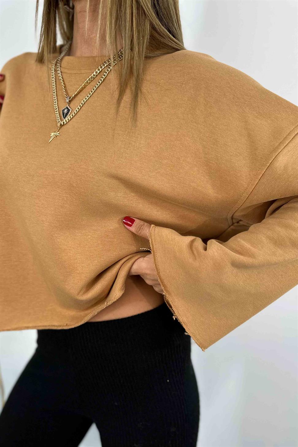 Lazer Kesim Crop Sweatshirt Camel
