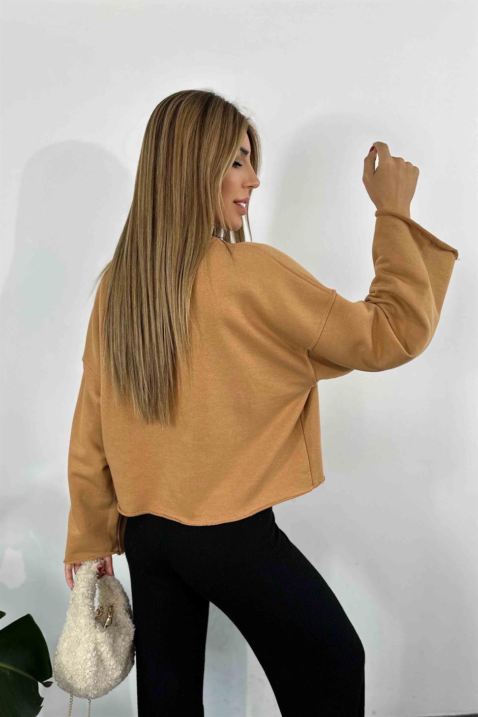Lazer Kesim Crop Sweatshirt Camel