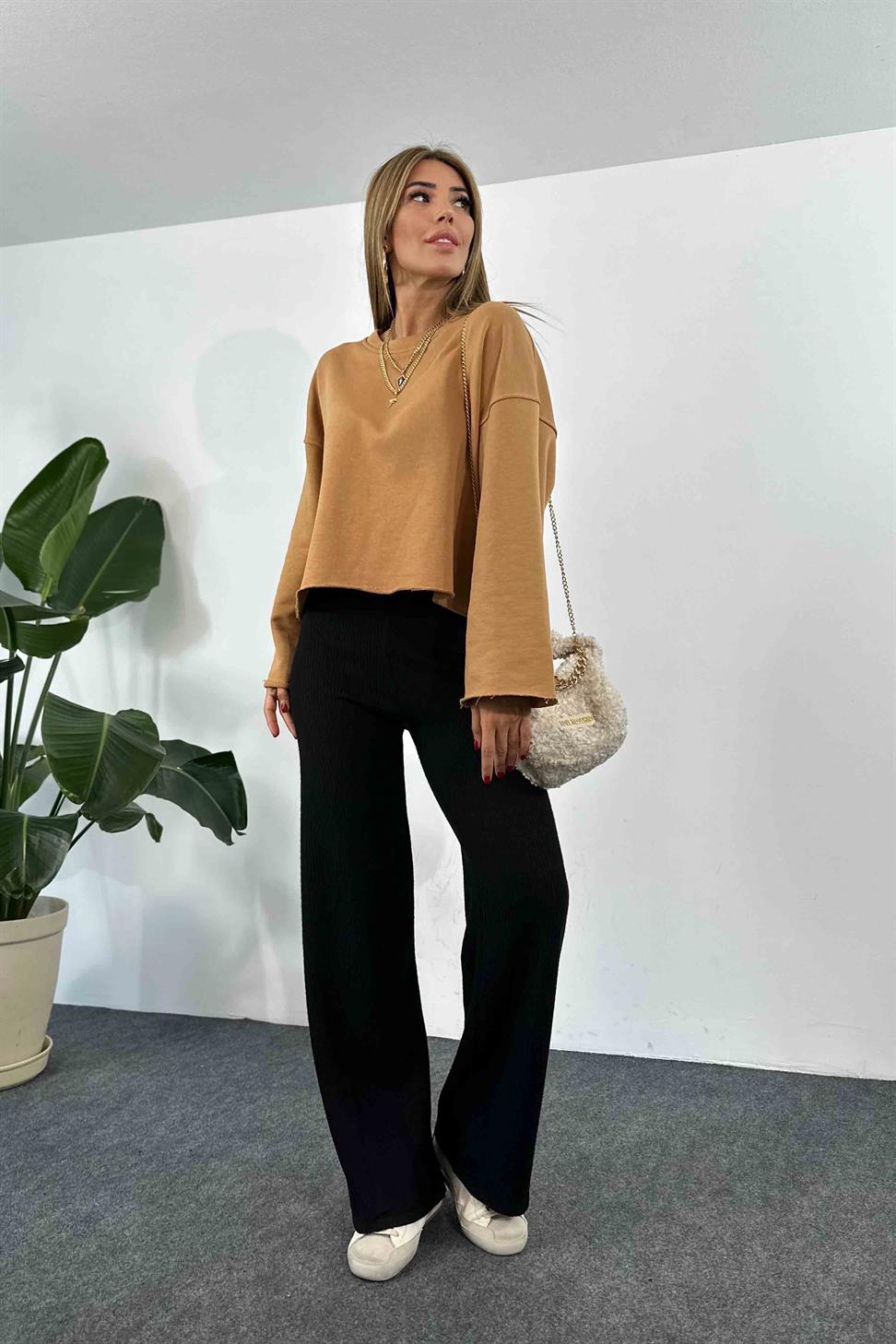 Lazer Kesim Crop Sweatshirt Camel