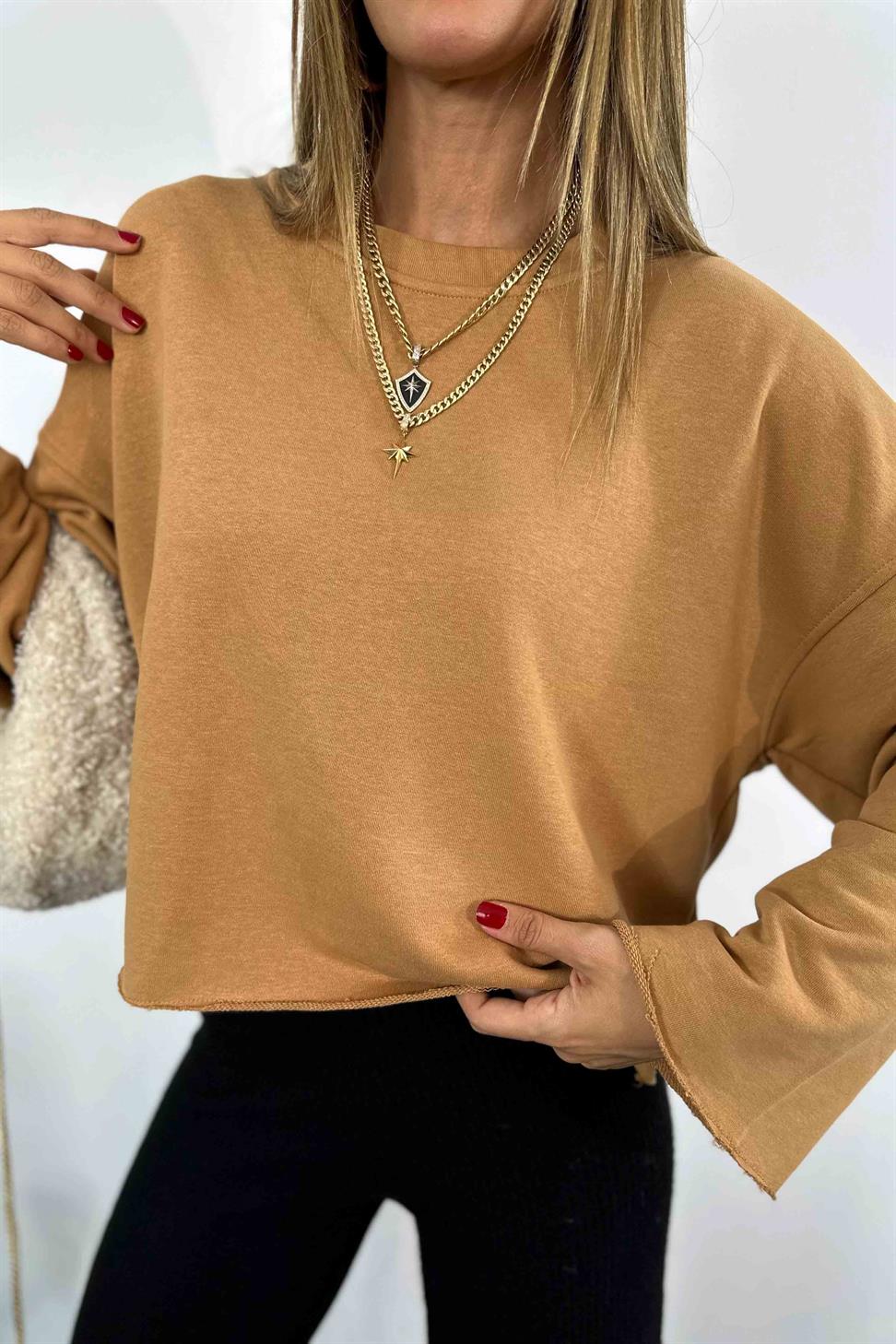 Lazer Kesim Crop Sweatshirt Camel