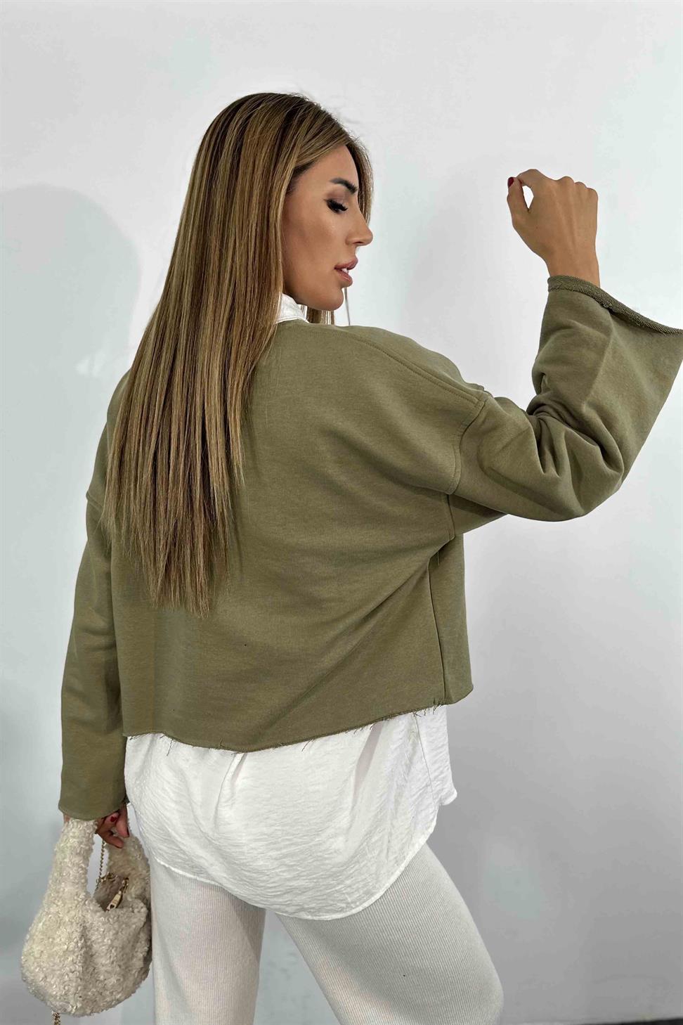 Lazer Kesim Crop Sweatshirt Haki