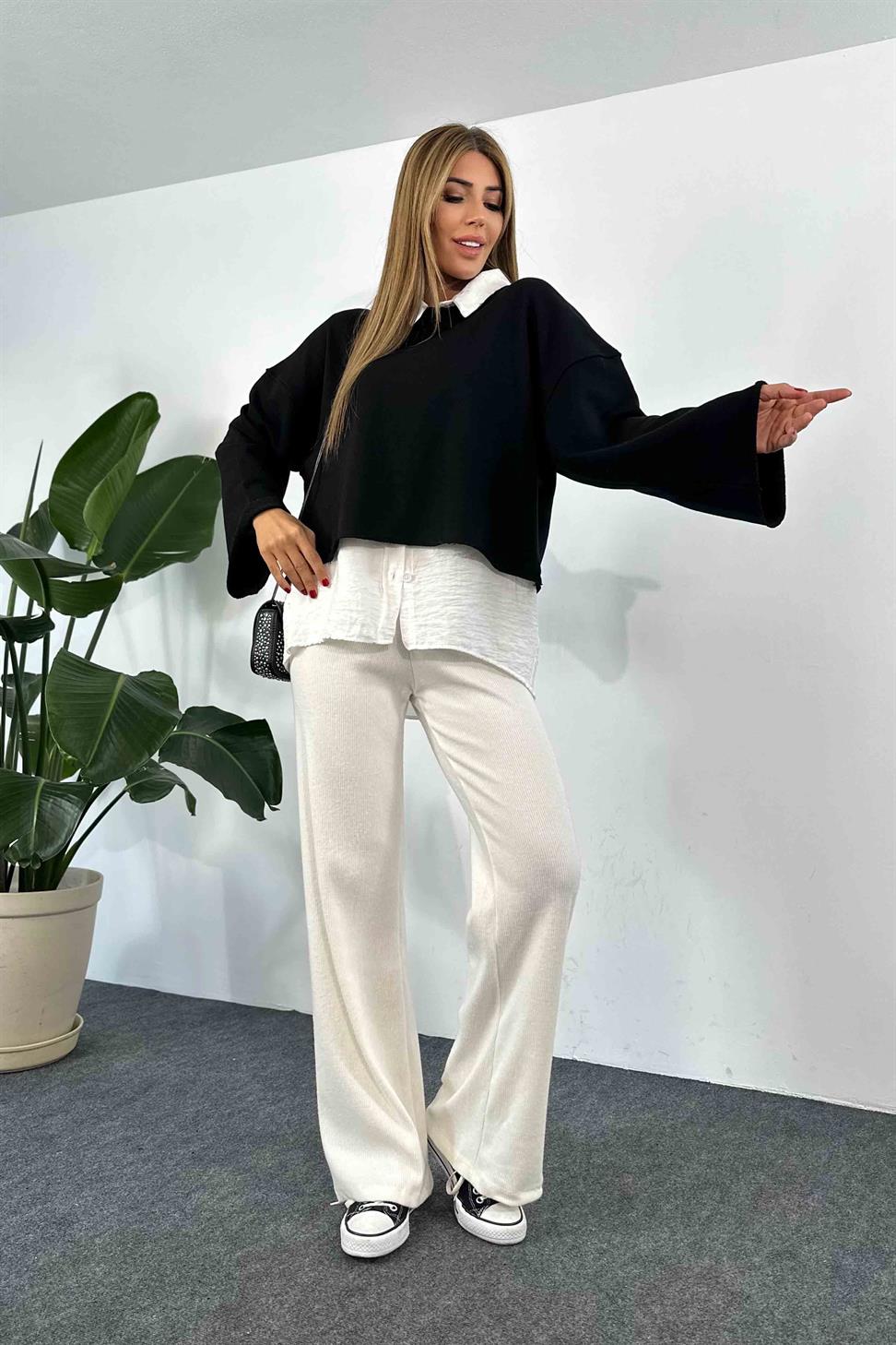 Lazer Kesim Crop Sweatshirt Siyah