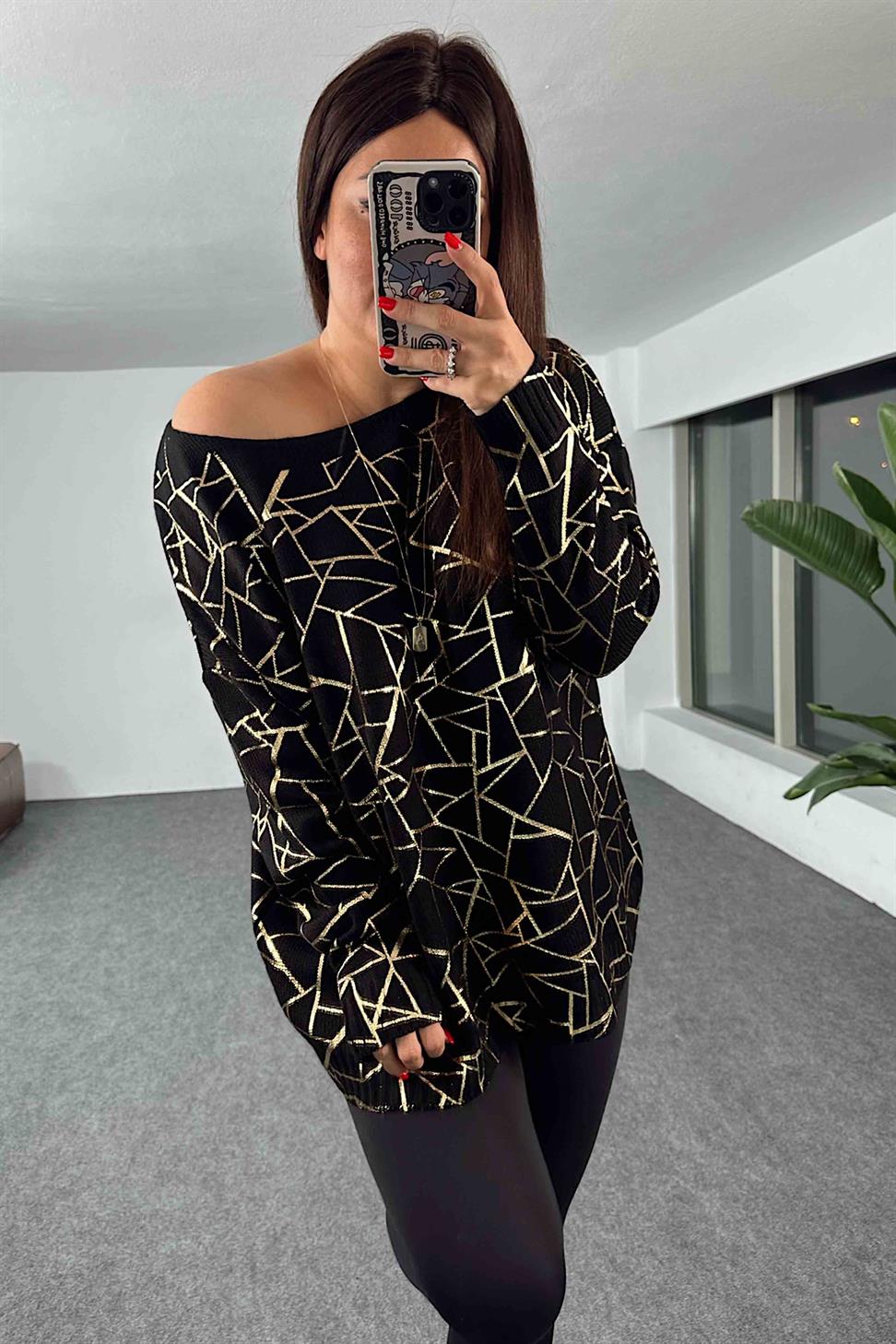 Geometrik Desenli Oversize Kadın Kazak Gold