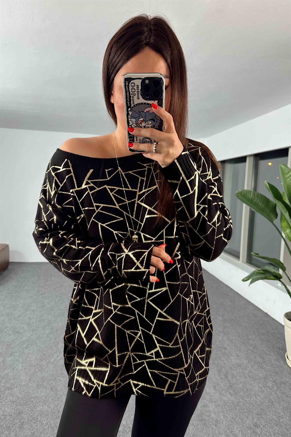 Geometrik Desenli Oversize Kadın Kazak Gold