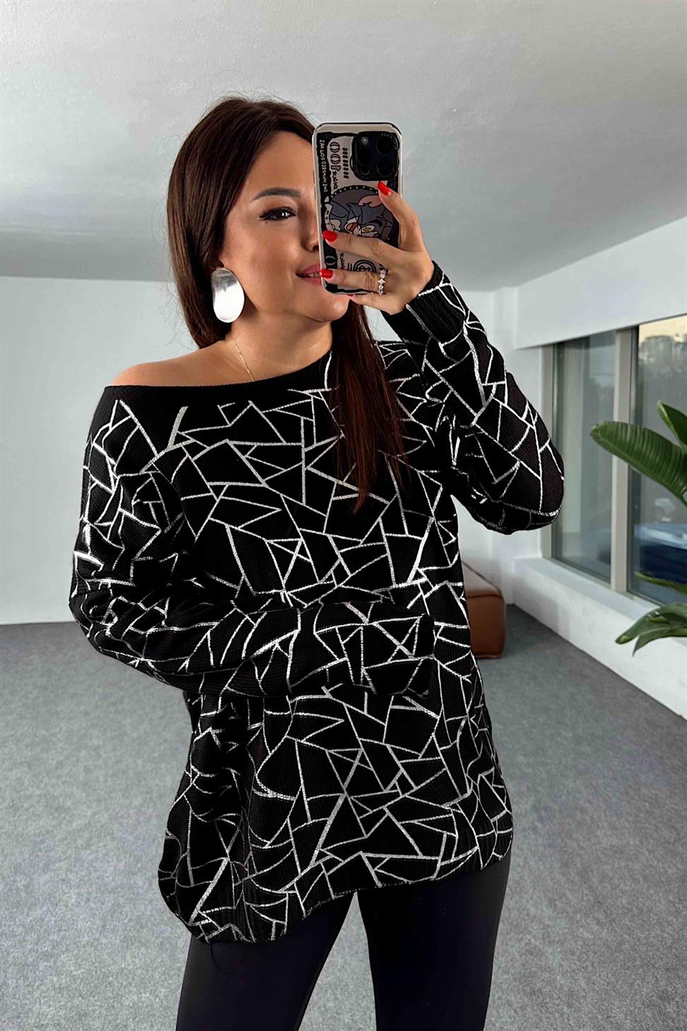 Geometrik Desenli Oversize Kadın Kazak Silver