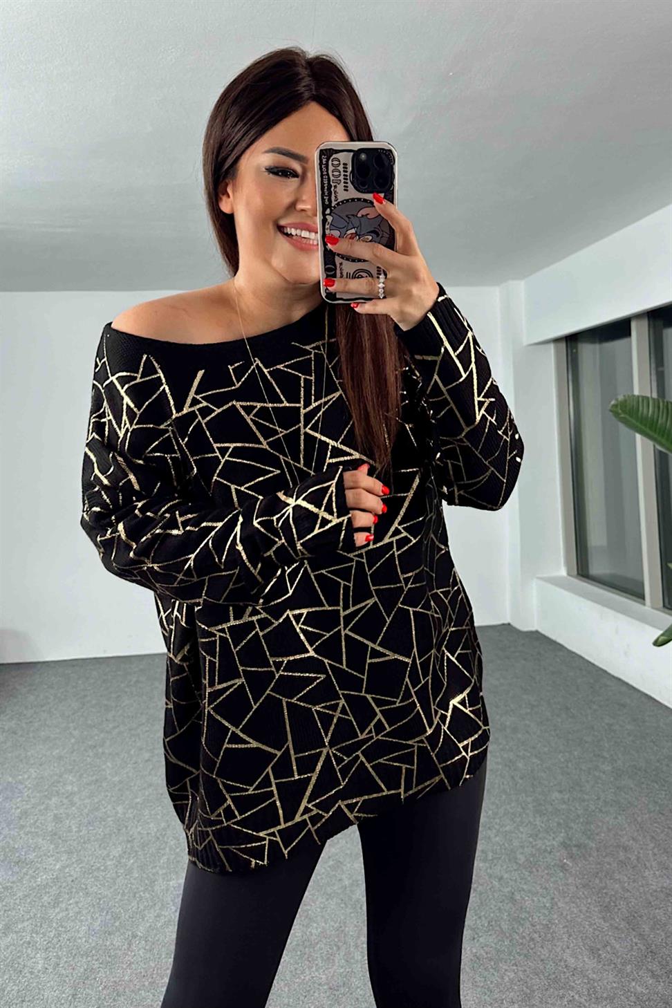 Geometrik Desenli Oversize Kadın Kazak Gold