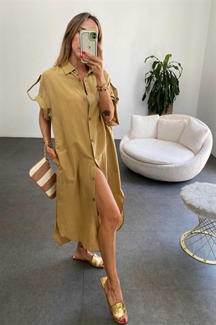 Pamuklu Oversize Elbise Camel