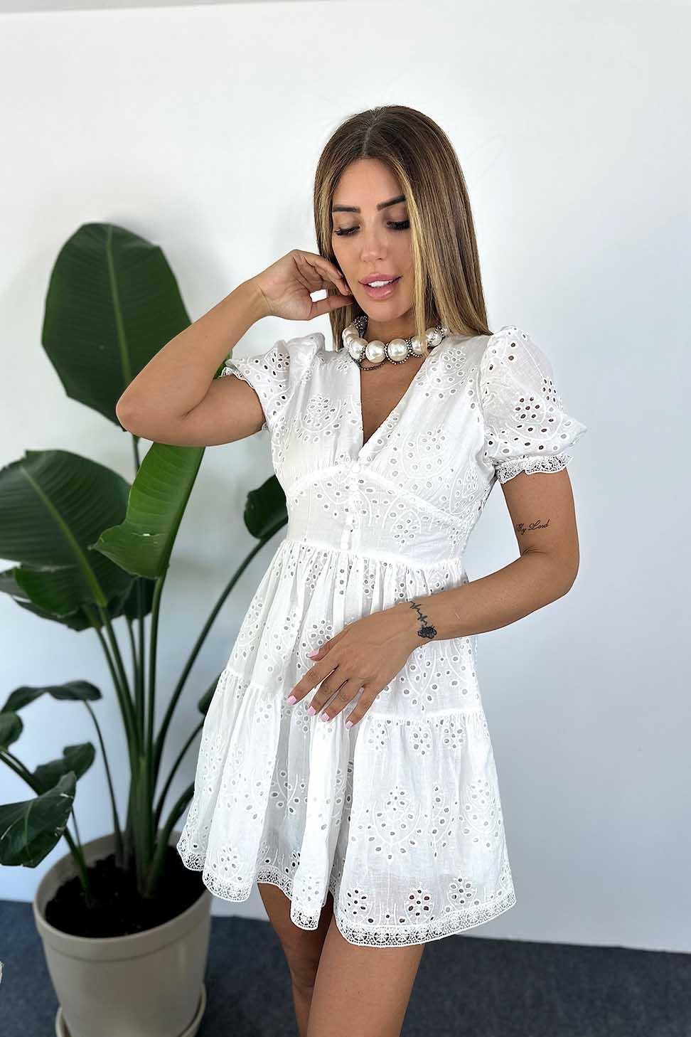 Pamuklu Poplin Kumaş Fisto Detaylı Mini Kloş Elbise Beyaz