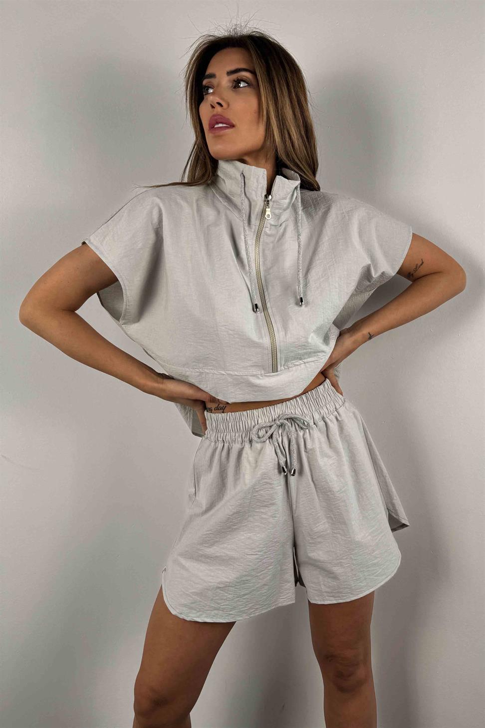 Paraşüt Kumaş Şortlu Kadın Takım Gri