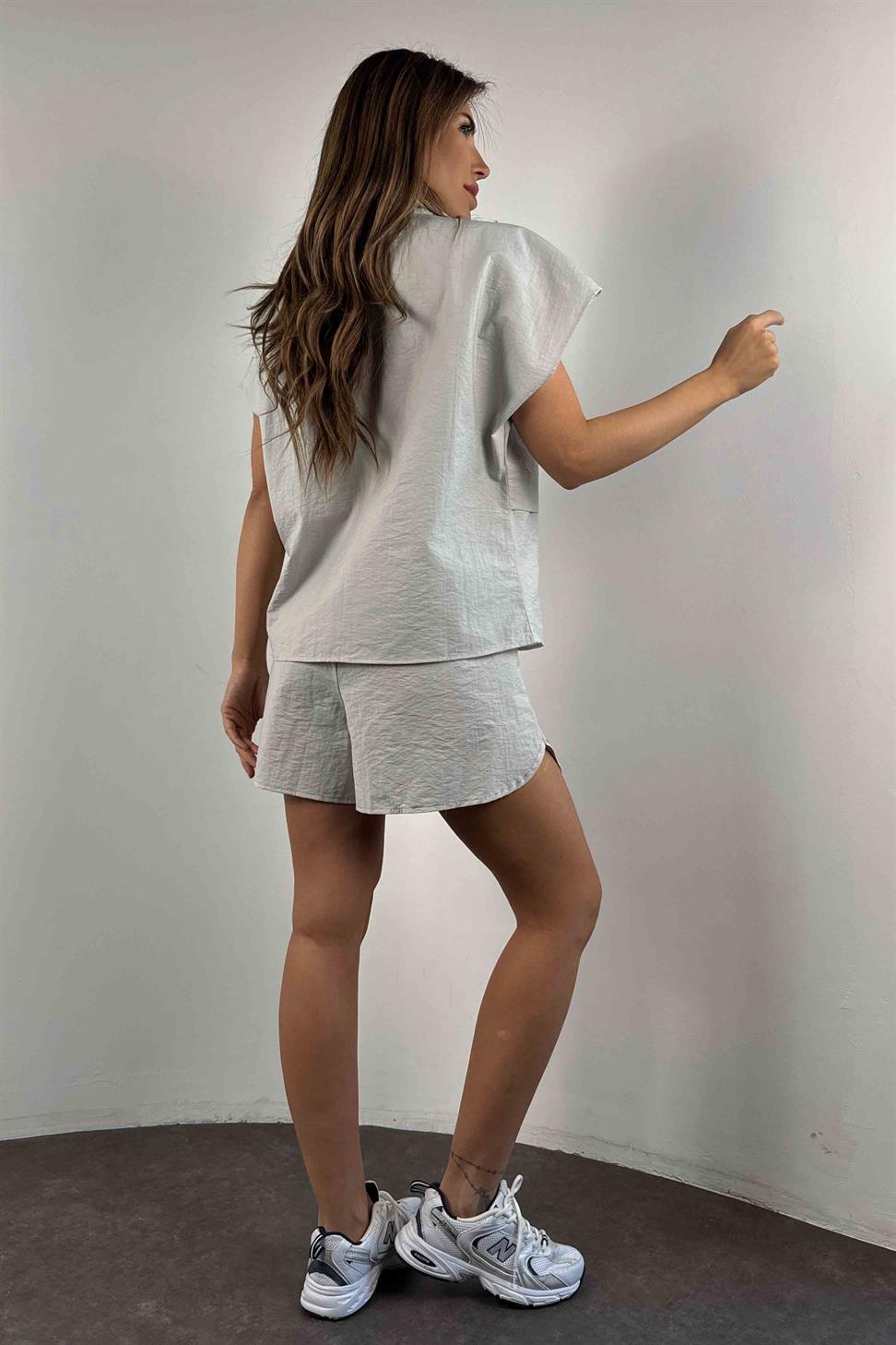 Paraşüt Kumaş Şortlu Kadın Takım Gri