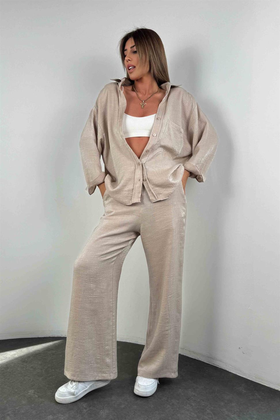 Parlak Kumaş İkili Kadın Takım Bej