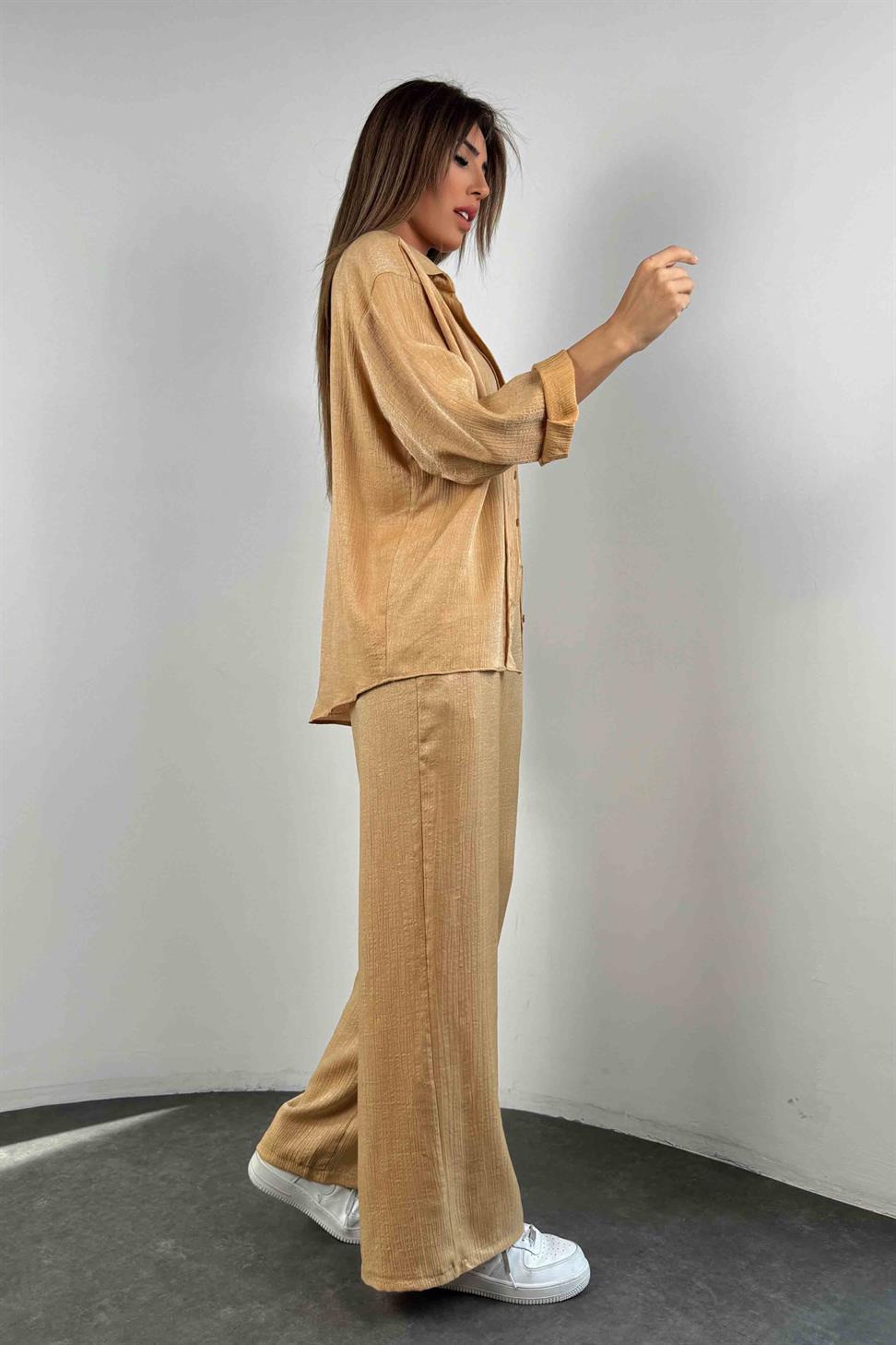 Parlak Kumaş İkili Kadın Takım Camel