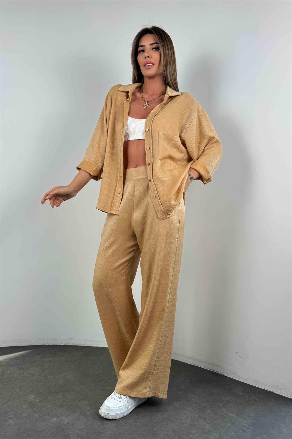Parlak Kumaş İkili Kadın Takım Camel