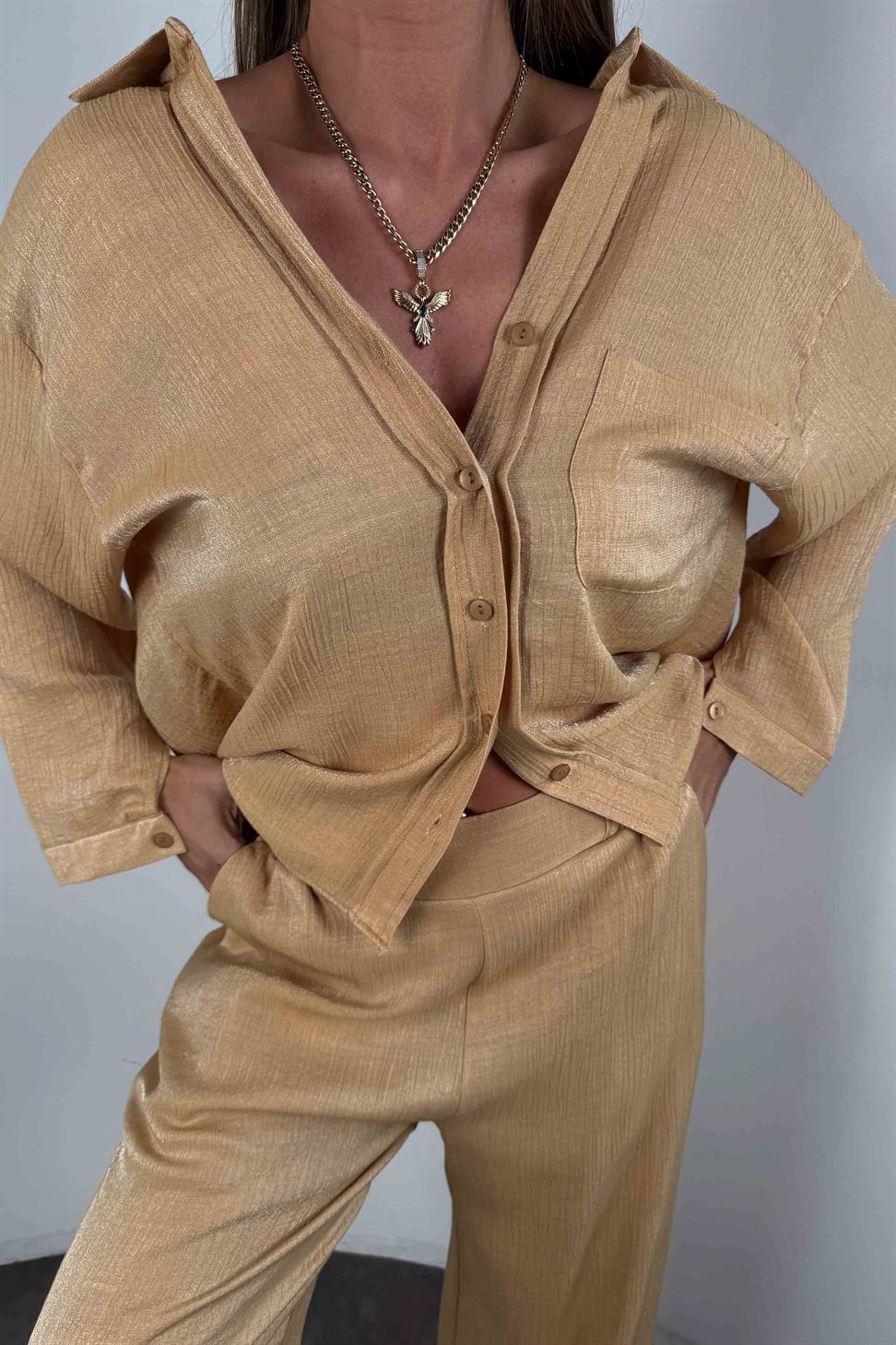 Parlak Kumaş İkili Kadın Takım Camel