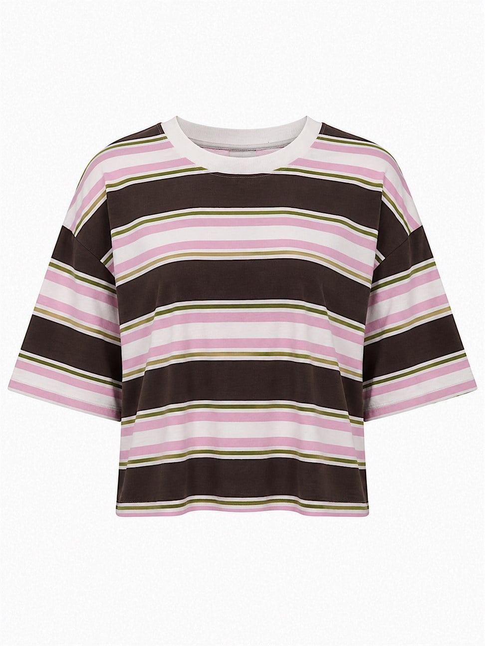 Pembe Kahve Çizgi Desenli Basic Tshirt