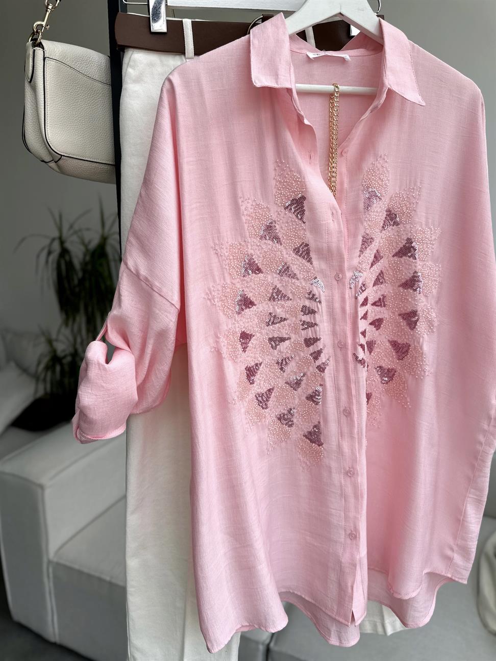 Pembe Serpme Boncuk ve Pul İşlemeli Eftelya Gömlek