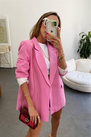 Pembe Tek Düğmeli Kolu Katlanabilir Tasarım Oversize Olea Ceket