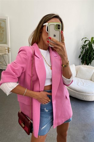 Pembe Tek Düğmeli Kolu Katlanabilir Tasarım Oversize Olea Ceket