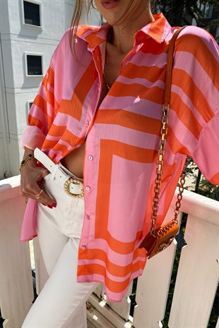 Pembe Turuncu Tasarım Oversize Square Gömlek