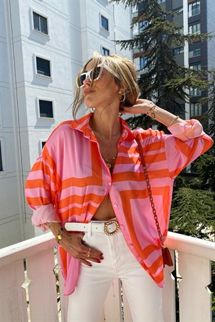 Pembe Turuncu Tasarım Oversize Square Gömlek