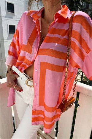 Pembe Turuncu Tasarım Oversize Square Gömlek