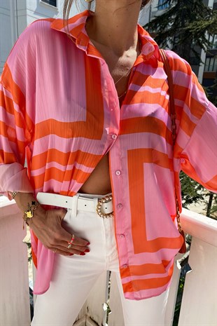 Pembe Turuncu Tasarım Oversize Square Gömlek