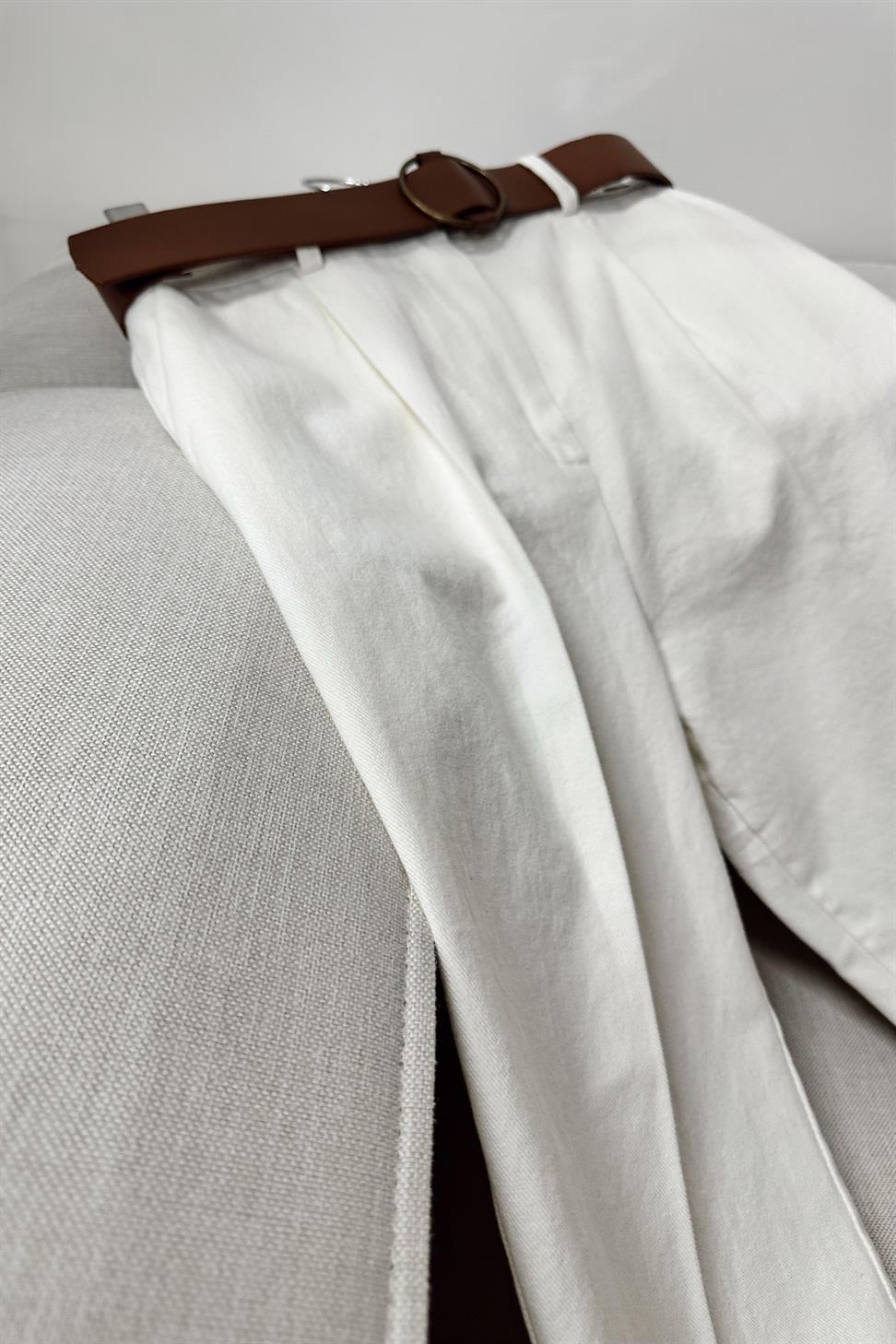 Perla Ekru Kemerli Gabardin Pantolon