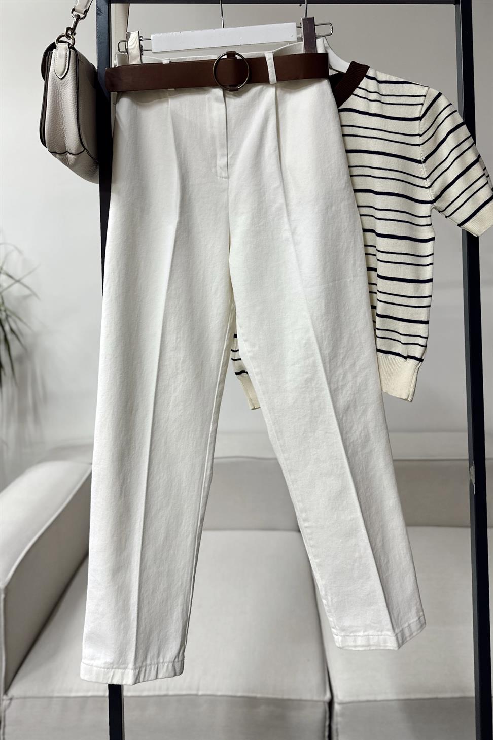 Perla Ekru Kemerli Gabardin Pantolon
