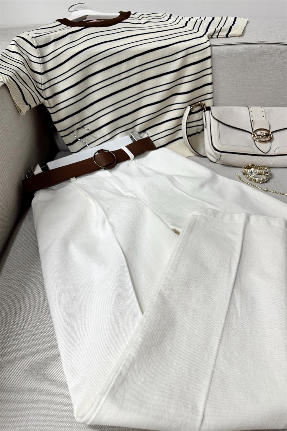 Perla Ekru Kemerli Gabardin Pantolon